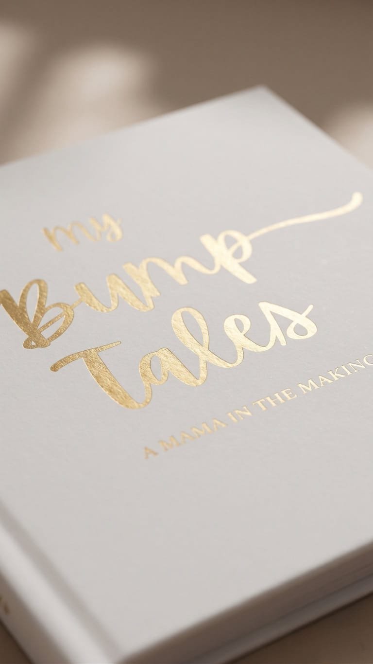 Close-up of gold foil lettering on My Bump Tales journal